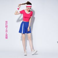 杨丽萍广场舞服装练功服瑜伽服健身服吸汗排湿跳健身操团体服演出 玫红短上衣+蓝色裙 M