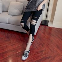 打底裤七分裤女2021夏季新款修身显瘦弹力破洞渔网拼接大码紧身裤 黑色 801裤脚开叉款 S 80-95斤