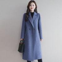 加棉加厚毛呢大衣女2021秋冬新款中长款宽松大码过膝外套呢子大衣 蓝色 (带里衬) M (建议-105斤以下)