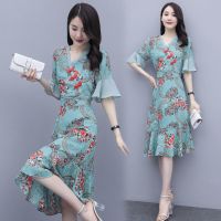 高档复古风改良版旗袍连衣裙2021新款名媛荷叶边雪纺碎花裙子女夏 蓝色 S