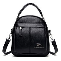 袋鼠软真皮单双肩包女2020新款百搭单双肩包妈咪包大容量多功能包 黑色