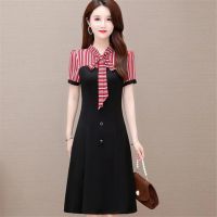 2021夏季新款韩版气质修身显瘦小清新法国小众蝴蝶结雪纺连衣裙女 333#红条[无腰带] XL [建议120-130]