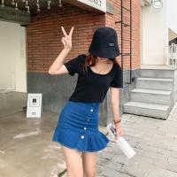 不规则a字半身裙牛仔矮个子裙子高腰显瘦a字短裙子半身新款百搭 深蓝色(有内衬) XS