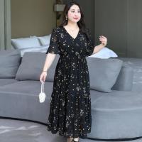 300斤特超大码女装200胖mm裙子夏季显瘦法式复古中长款碎花连衣裙 黑色 3XL建议165-180斤