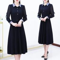 高端气质连衣裙女2021新款时尚拼色翻领收腰减龄遮肚子大码裙子潮 藏青色 M (85-105斤)