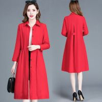 2021妈妈装春装新款韩版修身风衣女中长款中年女气质薄款春秋外套 红色 XL 建议90-110斤
