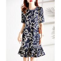 Felipe Varela新款高腰气质淑女印花中长款短袖圆领鱼尾连衣裙女 藏青 S