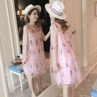 孕妇装夏装连衣裙雪纺孕妇裙宽松显瘦网纱裙中长款宽松孕妇套装潮 粉红色 M码[90-115]
