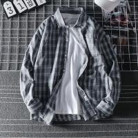 绿色格子衫男士衬衫港风宽松韩版潮流帅气夏季薄款痞帅休闲衬衣男 C302深灰色 M