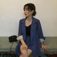 三件套小西服薄外套阔腿短裤时尚套装女春秋新款学生韩版宽松长袖 蓝色二件套 外套+裤子 XL
