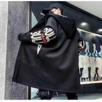 港风秋冬季中长款风衣男士男装潮牌新款大码潮流印花学生帅气外套 **风衣-外套-**160[薄款]黑 M