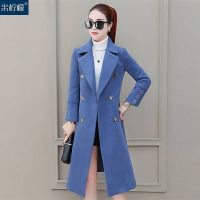 2021秋冬新款中长款双排金属扣修身显瘦毛呢外套女韩版风衣女气质 蓝色 秋款 M 90-105斤