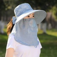 顶瓜瓜帽子女夏季遮脸太阳帽大沿户外韩潮凉帽采茶帽骑车行遮阳帽 蓝色 均码帽子面罩二件套