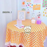 北欧布艺桌布棉麻小清新餐桌布现代简约长方形书桌茶几布花边可爱 橘色小格子(蕾丝花边款) 40*60cm(2片装)