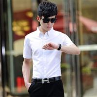 夏季薄款白色短袖衬衫商务男士职业上班衬衣韩版寸衫修身半袖衬衫 白色 S
