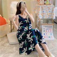 吊带睡裙棉绸女春夏季超长款小性感学生甜美睡衣人造棉美背家居服 蓝色水仙1680 均码(85-150斤多可穿)