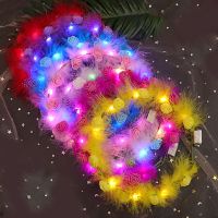 新款加长金丝羽毛兔耳朵头饰带灯夜光猫耳朵发箍夜市发光玩具批发 羽毛花环(混色) 1个装