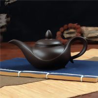 紫砂壶手工光面长嘴茶壶泥壶神灯壶特色寓意博古摆设可养泡茶壶 黑色神灯壶
