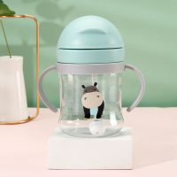 PPSU水杯可爱吸管杯儿童宝宝水杯婴儿学饮杯鸭嘴带重力球奶瓶杯 绿色河马250ml