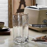 轻奢描金玻璃花瓶透明插花花器客厅干花鲜花水养玫瑰百合装饰摆件 0820明金(平口冷纹方缸)