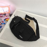 潮牌日系胸包男士ins简约单肩包腰包背包小挎包女帆布学生斜挎包 黑色 [收藏送小礼物]