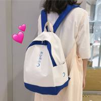 书包女韩版高中学生森系简约百搭日系帆布ins风初中生少女双肩包 白拼蓝色