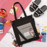帆布包女单肩大学生上课大容量ins日系手拎简约百搭斜挎手提袋子 黑色棉麻拉链款 小熊挂件