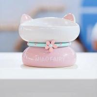 日系喵仙儿猫碗陶瓷高脚宠物碗可爱花朵小狗碗保护颈椎水碗猫粮碗 粉色