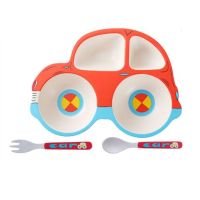 竹纤维儿童餐具套装卡通汽车盘宝宝分格餐盘幼儿园学习碗杯子叉勺 大红 小汽车三件套B004