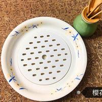 双层沥水密胺餐具圆形家用大号饺子餐盘深菜盘蒸鱼盘碟子水饺盘子 樱花 26.8里米*4.5里米