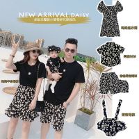 夏季小碎花小雏菊母子母女连衣裙拍照全家福婴儿连体亲子装短袖潮 黑 男童短裤 80