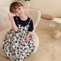 女童连衣裙夏季儿童短袖假两件2021新款洋气女宝宝雪纺碎花裙子夏 黑色 110
