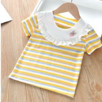 2021新款女童夏装T恤可爱女宝宝木耳边条纹短袖上衣儿童休闲t恤衫 黄色 90
