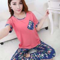 南极人睡衣女士长袖夏季棉绸套装薄款春秋韩版休闲套头大码家居服 短长西瓜红斜口带 M