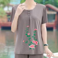 中老年女夏季大码家居服妈妈夏装短袖宽松t恤套装奶奶两件套/单件 [新单件]上衣 XL 建议80-105斤左右