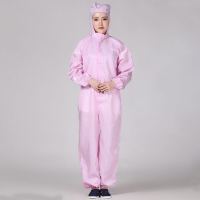 无尘服连体服防尘衣服防静电工作服连体连帽喷漆静电衣带帽防护服 粉色 软底鞋