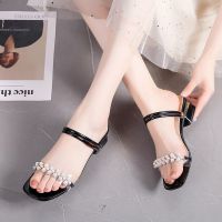 两穿透明凉鞋女仙女风夏2021年新款中跟高跟鞋粗跟珍珠拖鞋配裙子 黑色 34