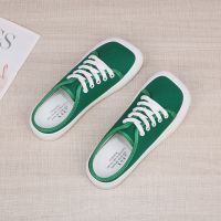 豹纹拖鞋女外穿2021夏季新款半托方头帆布女鞋平底凉拖春秋包头拖 绿色 35