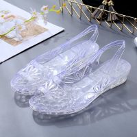 新水晶凉鞋女士坡跟夏季室外防滑凉拖鞋家居透明时尚果冻色百搭 白色 35(偏小1码)