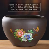 紫砂特大大号荷花缸莲花陶瓷水培铜钱草花盆无孔水养睡莲碗莲盆缸 紫砂碗莲盆-富贵花开-无孔--中号