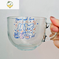 YICHENG大容量带把玻璃杯加厚卡通水杯早餐杯家用带盖印花牛奶杯咖啡日式
