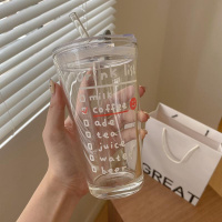 YICHENG韩国ins博主同款大容量简约字母刻度玻璃杯带盖吸管咖啡早餐水杯