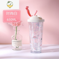 YICHENG高颜值女生大容量塑料水杯便携双层创意带吸管杯子大人儿童办公室