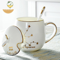 YICHENG创意陶瓷杯十二带盖带勺情侣水杯骨瓷牛奶咖啡杯子定制