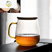 YICHENG日式条纹玻璃水杯带盖勺子耐热花茶牛奶咖啡杯泡茶杯啤酒杯果汁杯 条纹玻璃杯-高款560ml+包钢盖