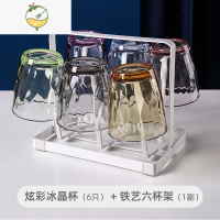 YICHENG彩色玻璃杯套装家用喝水泡茶杯子带杯架网红创意果汁啤酒杯 6只装 炫彩冰晶杯+铁艺杯架