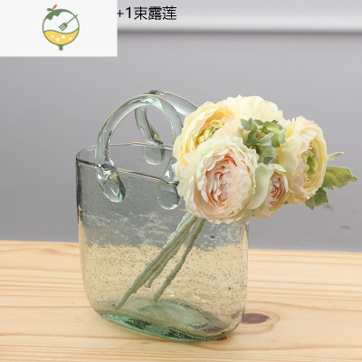 YICHENG北欧创意手提篮插花瓶玻璃透明简约客厅包包花瓶餐桌摆件鱼缸花器 包包瓶-淡绿+一束露莲