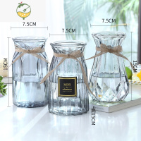 YICHENG[四件套]北欧玻璃花瓶透明水培植物富贵竹百合客厅花器插花摆件 M15(贴标+竖菱+南瓜)烟灰色 大