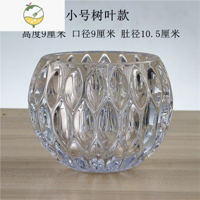 YICHENG创意简约透明圆形水培植物玻璃花瓶绿萝器皿水养容器花盆摆件花器 小号树叶送定植篮水晶泥营养液
