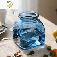 YICHENG客厅方形大花瓶透明插花瓶水培花束欧式彩色花器鱼缸摆件玻璃花瓶 浅蓝色小号